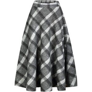 Womens Long Grey Elastic Waist A-Line Pleated Tartan Long Plaid Wool Skirts